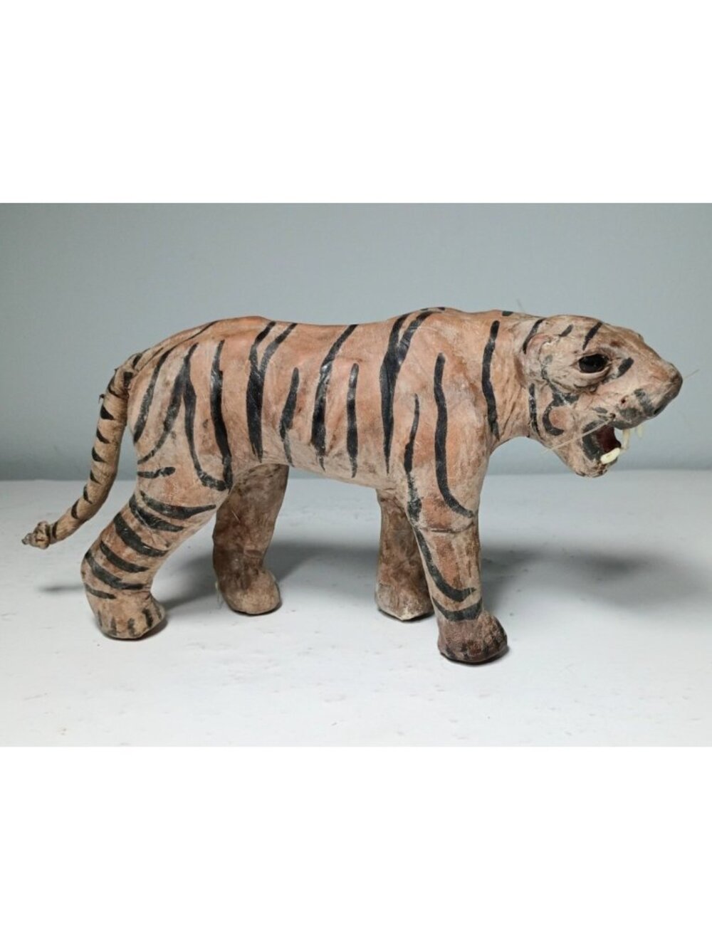 Vintage Handmade Leather Wrapped Wood Tiger Figurine 8.5" Safari Jungle Animal
